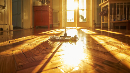 Sunlit Interior House Scene with Wooden Floors, Mop in Action, Cleaning Atmosphere, Warm domestic Setting, Caught in long Shadows, Doorways in Background, Cozy Home Maintenance Image.
