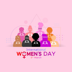 March 8, International women's day campaign theme design with diversity of women and text background. Creative poster banner and greeting card design.