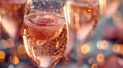 glass of champagne with a delicate rose floating inside