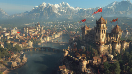 Medieval castle with towers, bridges and flags. Mountain and river landscape. Realistic 3D...