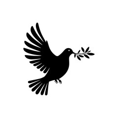 Dove of peace, Flying Dove With Olive Branch Black Silhouette on White
