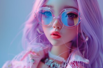 Asian fashion doll with pastel purple long hair, holographic sun glasses, pink clothes, manga style