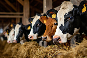 Obraz na płótnie Canvas Dairy cows munching on hay in a barn as working animals
