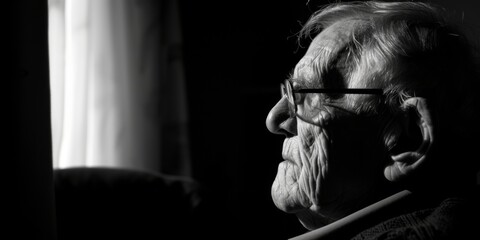 Elderly Caucasian man in contemplation, side-lit black and white portrait with space for text, concept of aging and reflection and parkinson - obrazy, fototapety, plakaty
