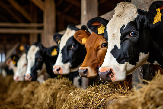 Dairy cows munching on hay in a barn as working animals