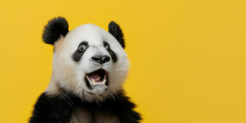 A surprised panda on a yellow background with space to copy