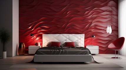 A contemporary 3D wall design in the bedroom combining ruby and white textured panels, creating a dynamic contrast and adding visual interest to the room's decor.