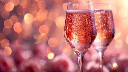 Two glasses of champagne on a table with red roses