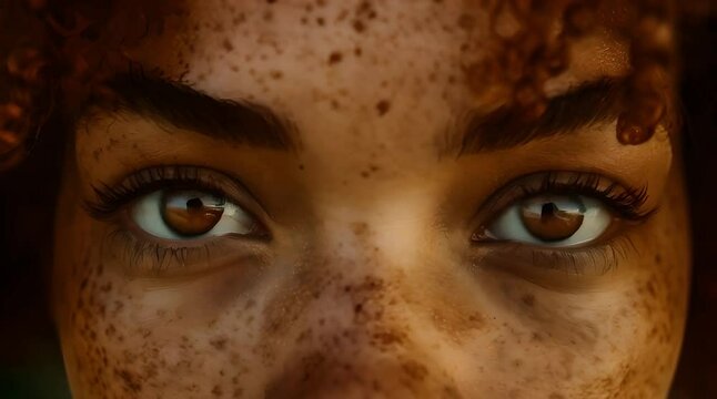 A close-up of a beautiful black woman with freckles on her face