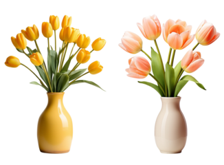 Set of various tulips in ceramic vases with transparent background