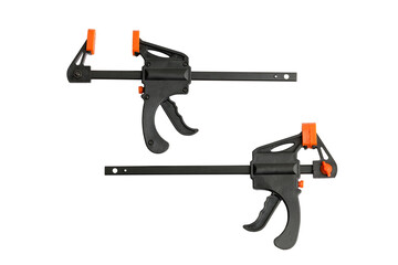 Two modern bar clamps with quick release isolated white backgrgound