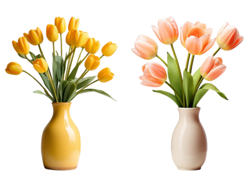 Set of various tulips in ceramic vases with transparent background