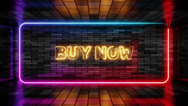 Neon sign buy now in speech bubble frame on brick wall background 3d render. Light banner on the wall background. Buy now loop order navigation, design template, night neon signboard
