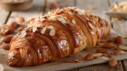 French croissant aux amandes almond croissant filled with almond cream, glazed, and topped with sliced almonds - obrazy, fototapety, plakaty