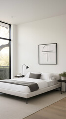 Fototapeta na wymiar Modern bedroom featuring a large window, white bedding, abstract wall art, a side table with a lamp, and a dark bedside table