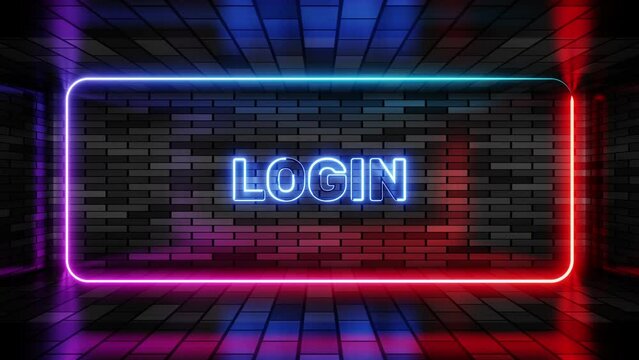 Neon sign login in speech bubble frame on brick wall background 3d render. Light banner on the wall background. Login loop user protection, design template, night neon signboard