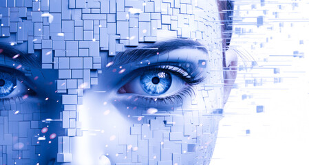 Realistic Artificial intelligence. Computer mind connections head. Human 3D head with circuit board inside. Engineering concept. Technology web background. Virtual concept