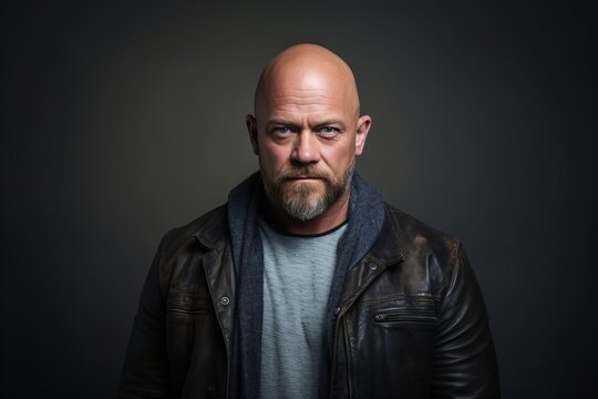 Portrait of a brutal man in a leather jacket on a dark background.