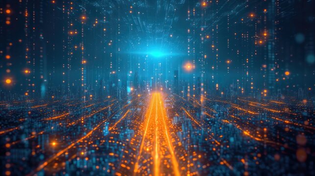 Futuristic abstract techno Sci-fi neon glowing lines background. Digital artwork. Reflections on the floor and ceiling. Virtual 3D background, representation for business