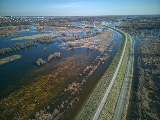 Aerial photography of the Widawa river floodplains in Wrocław, Poland in February, 2025