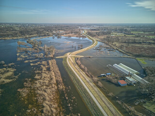 Aerial photography of the Widawa river floodplains in Wrocław, Poland in February, 2027