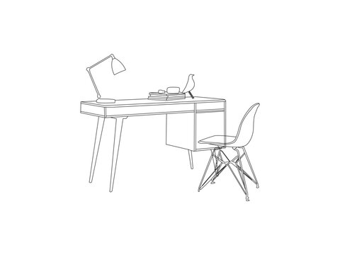 Table and chairs outline vector. Desk, book, table lamp, rectangular frame. Interior and furniture outline.