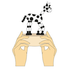 Retro Push and Shake toy in hand. Vintage Geometric Bull in Hands isolated white background. Weird Geometry animal. Vector illustration can used children card cover design. EPS 10 Editable stroke.