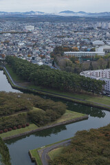 日本　北海道函館市にある五稜郭タワーから見える五稜郭公園と街並み