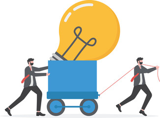 Big business idea, innovation or inspiration to start new business, effort or inspiration for creativity ideas concept, ambitious businessman work hard to pulling big light bulb idea.

