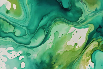 Modern painted artwork of abstract. Fluid art texture. Backdrop with abstract swirling paint effect. Liquid acrylic picture that flows and splashes. Green, turquoise and yellow overflowing colors.