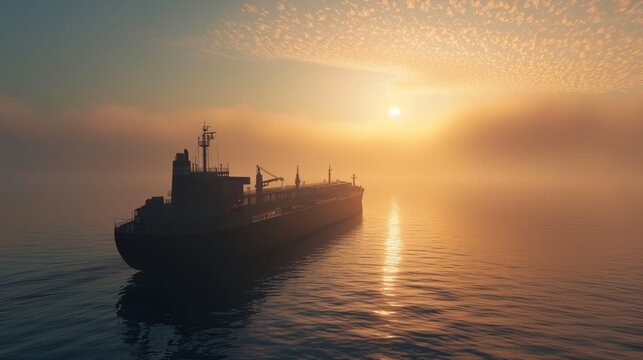 Cargo ship silhouette against a vibrant sunrise over a calm ocean, ideal for background with space for text in marine transportation or logistics themes