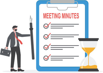 Meeting minutes, lecture summary or meeting conclusion document, effective writing for discussion plan, note or information report concept, businessman writing meeting minutes with alarm clock.


