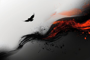 Black and orange abstract background with a black bird flying in it. Abstract background buzzards day 