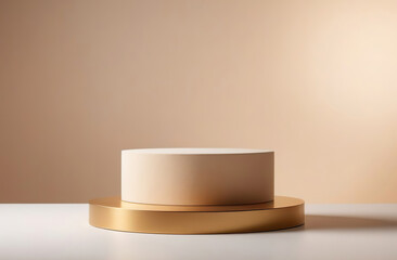 Round Podium for Cosmetic, Soap, Items Presentation. Abstract Minimal Geometric Pedestal. Cylinder Gold Form, Soft Shadow. Scene to Show Product, Object. Showcase, Display Case. Stand. Beige Backdrop