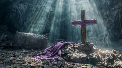 Spiritual Wooden Cross Standing on Rocky Surface Illuminated by Divine Sunrays, Decorated by Traditional Violet Cloth Signifying Christian Tradition of Lent or Royalty, Dramatic Focus on Cross Surroun - obrazy, fototapety, plakaty
