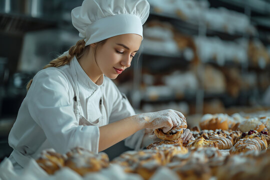 Female chef prepares delicious desserts In the bakery kitchen
