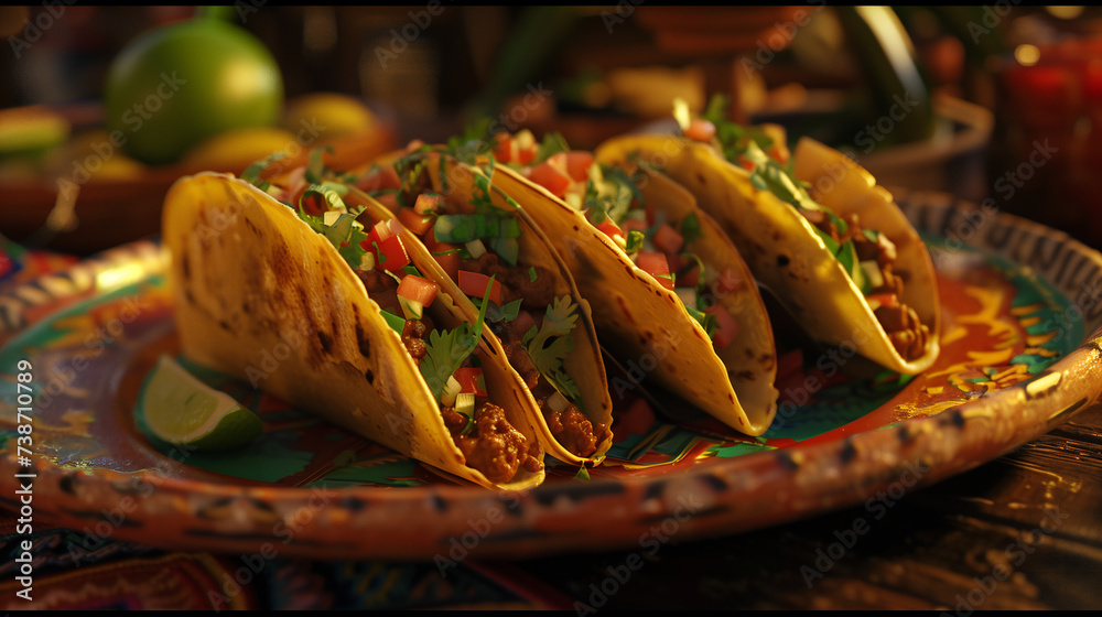Wall mural mexican food. beef and vegetable tacos on a tray. generated by artificial intelligence. - Wall murals