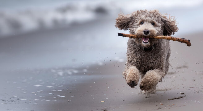 A playful Australian poodle with a stick runs along the beach, showing joy and energy, copy space 