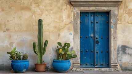 A blue door with cactus plants and potted flowers in the pots. Generated by artificial intelligence.