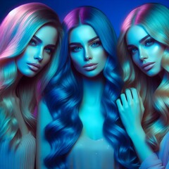 Portrait of three beautiful women with beautiful hair posing in neon coloured background 
