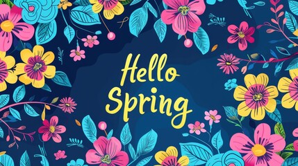Fototapeta na wymiar Hello Spring Floral Illustration with Hand-Lettering