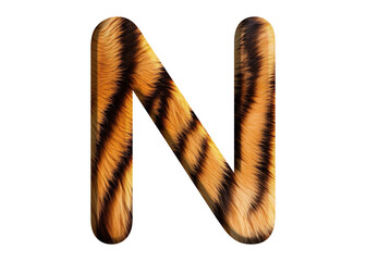Letter N shape made of tiger fur or tiger skin, isolated on PNG transparent background, suitable for template design