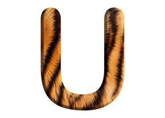 Letter U shape made of tiger fur or tiger skin, isolated on PNG transparent background, suitable for template design