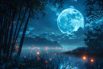 A blue moon and a cloud of fireflies over a bamboo forest and a pond.