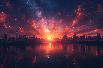 A milky way and a satellite over a city skyline and a bridge. - Powered by Adobe