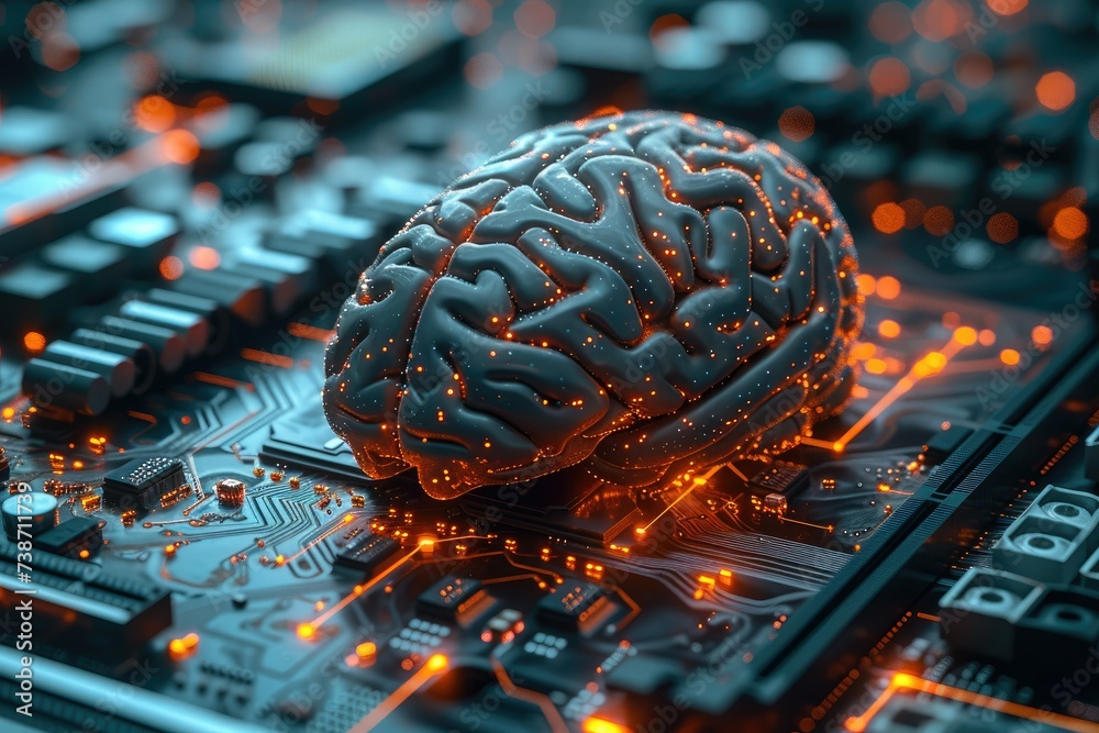 Poster A futuristic electronic brain, pulsing with artificial intelligence, sits atop a sleek motherboard. Generative AI.
