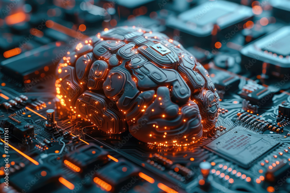 Poster A futuristic electronic brain, pulsing with artificial intelligence, sits atop a sleek motherboard. Generative AI.