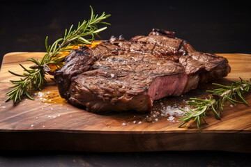 Beef steak served on wooden board with herbs and spices