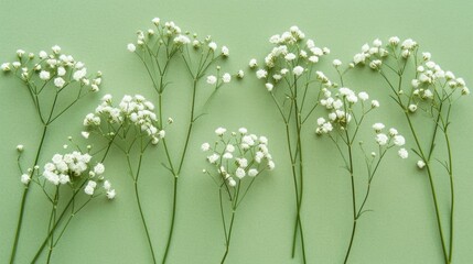Serene Green: White Baby's Breath Flowers on Pastel Green Background