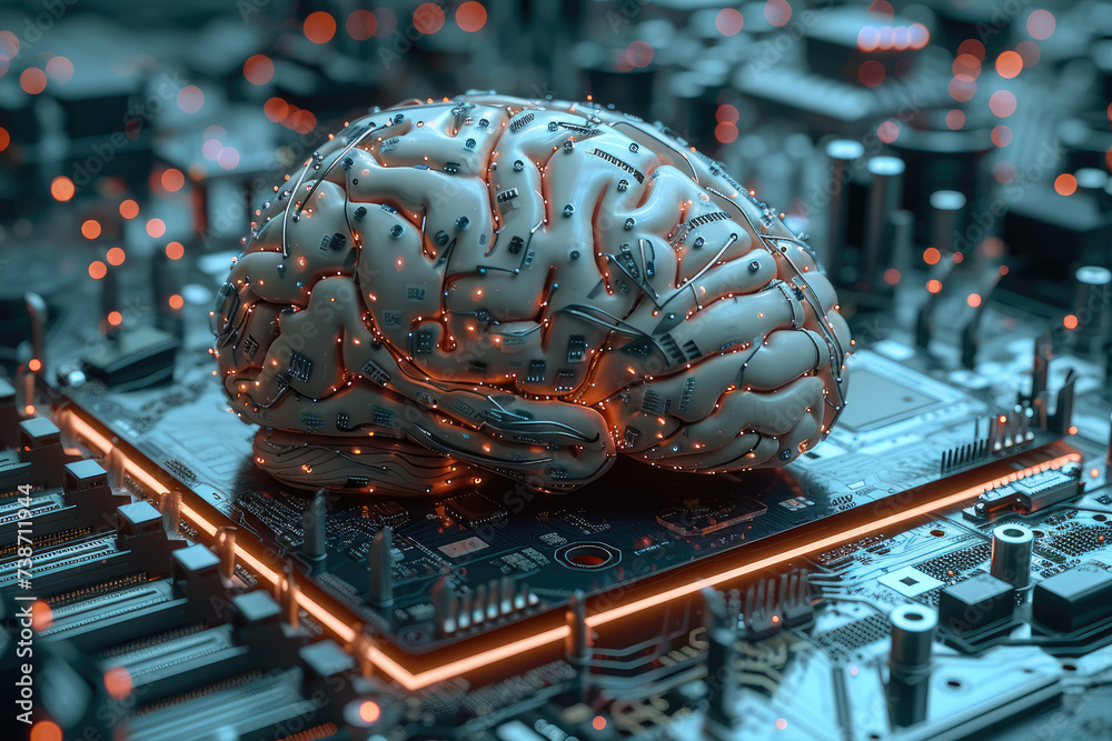 Poster A futuristic electronic brain, pulsing with artificial intelligence, sits atop a sleek motherboard. Generative AI.